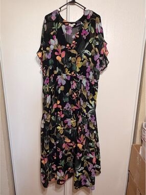 AVA & VIV Women's 3X Floral Print Sheer Sleeve Dress with Lining